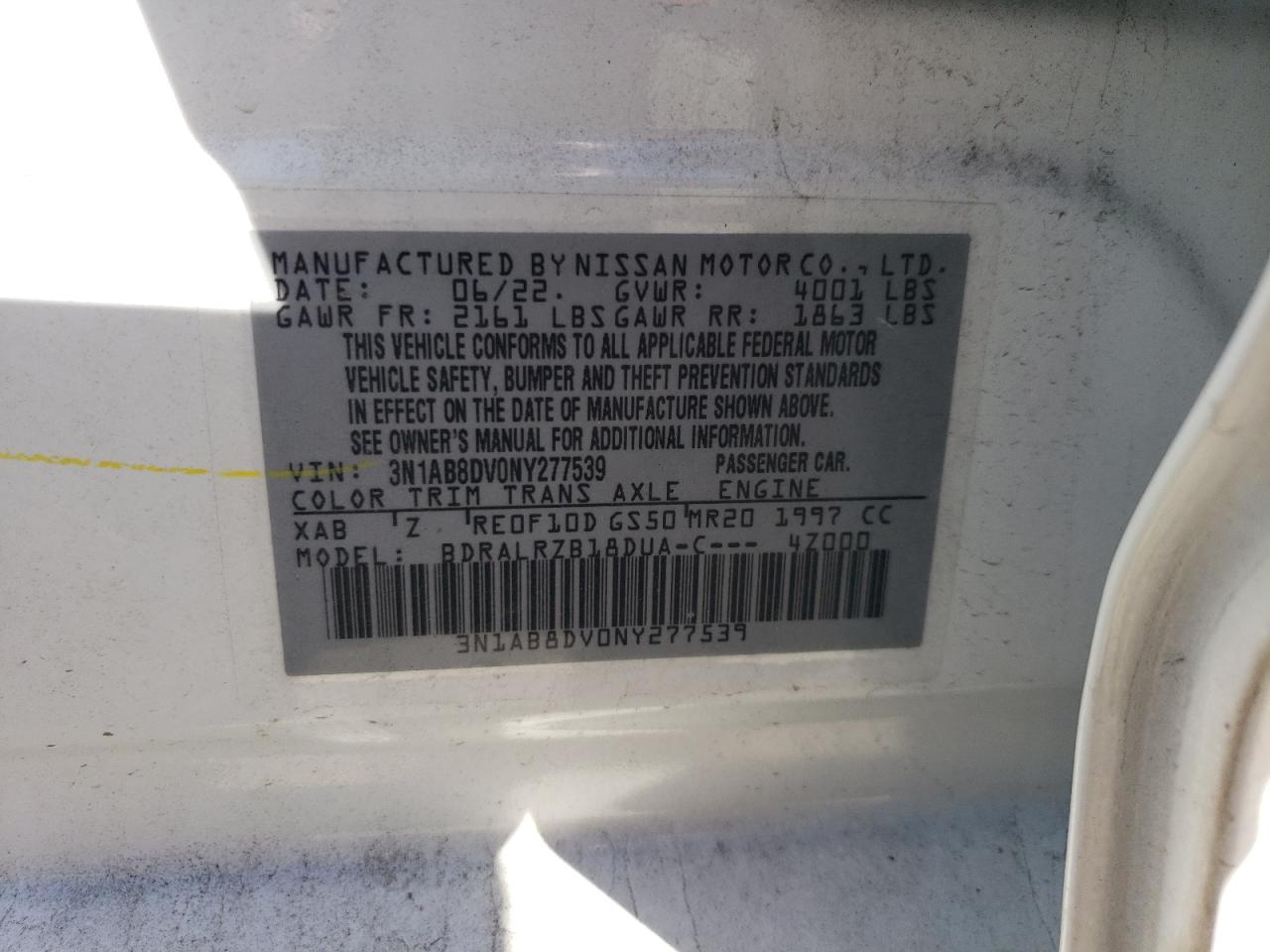 2022 Nissan Sentra Sr VIN: 3N1AB8DV0NY277539 Lot: 81114754