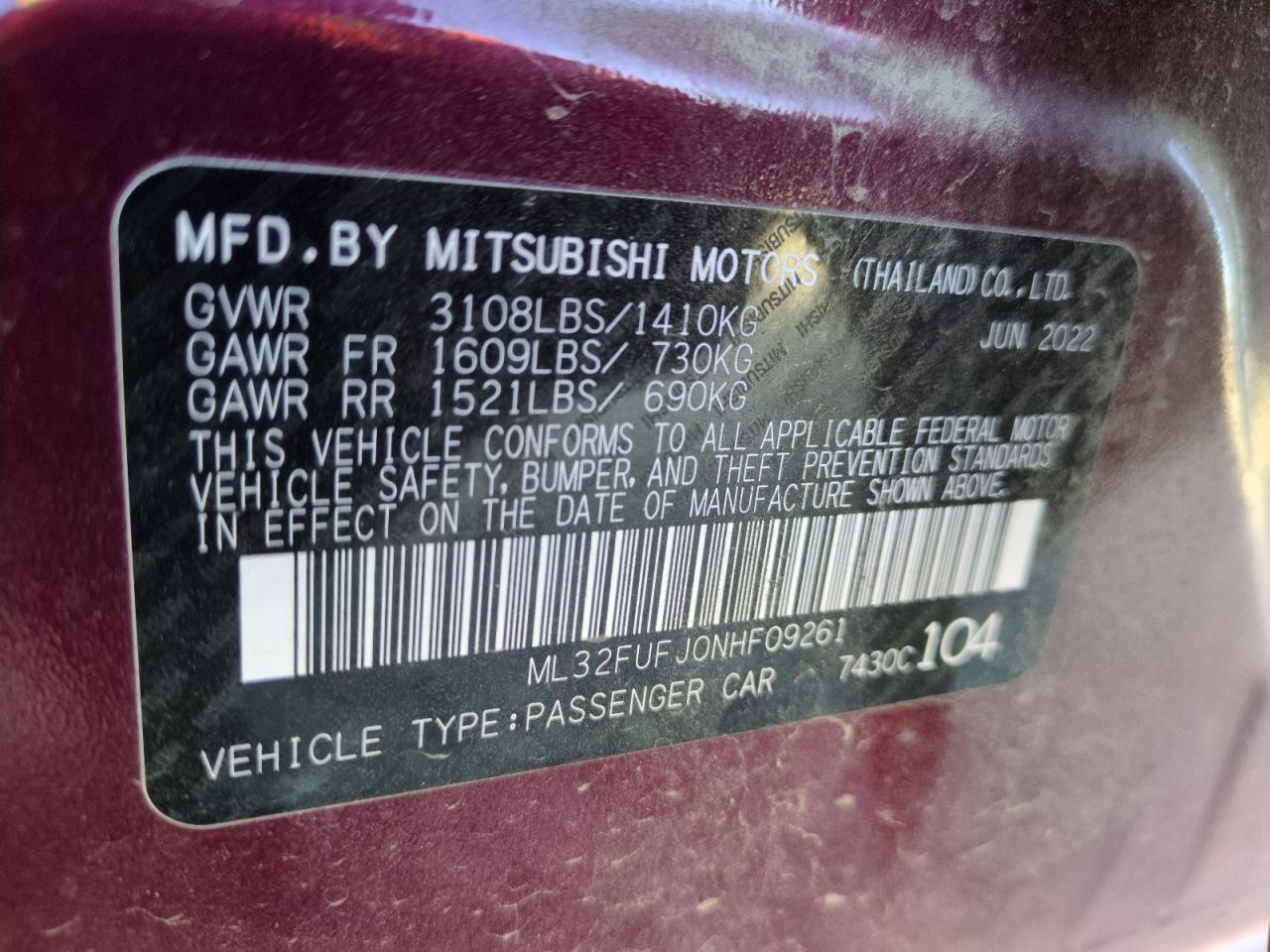 VIN ML32FUFJ0NHF09261 2022 MITSUBISHI MIRAGE no.12