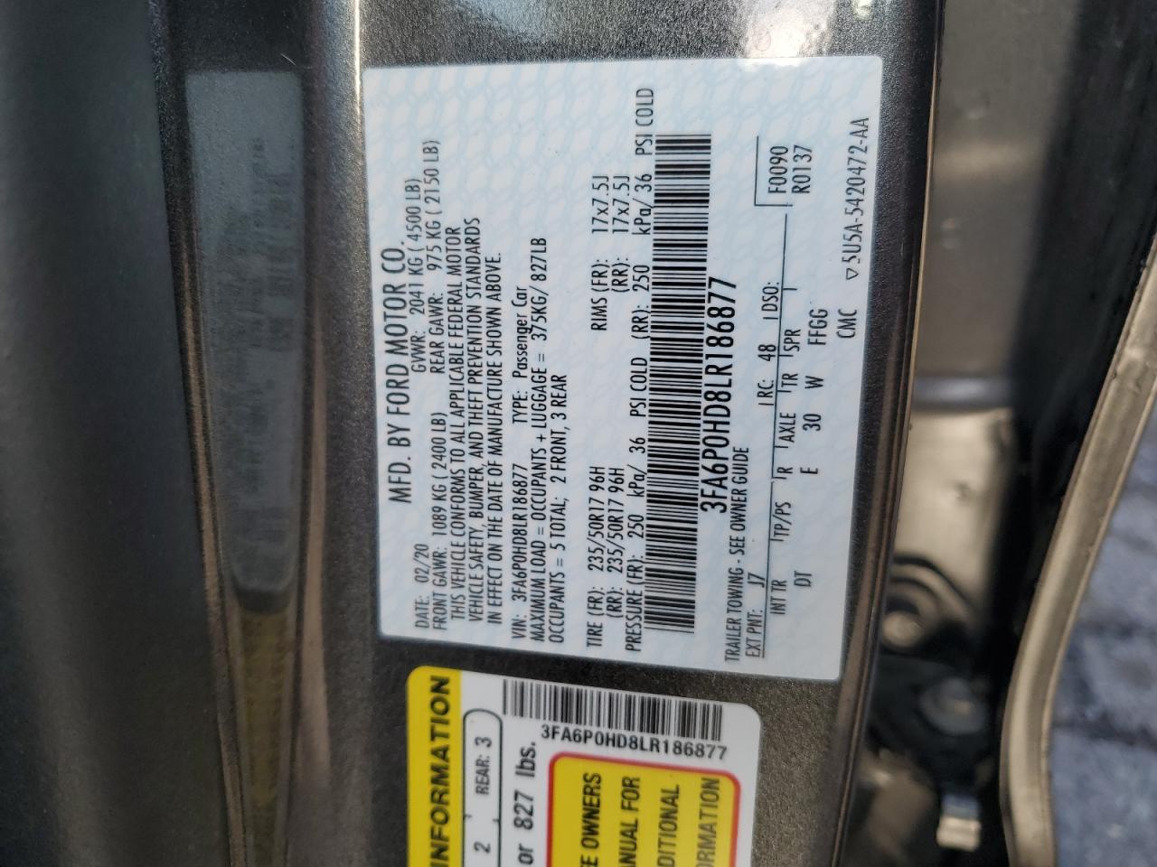 2020 Ford Fusion Se VIN: 3FA6P0HD8LR186877 Lot: 80593054