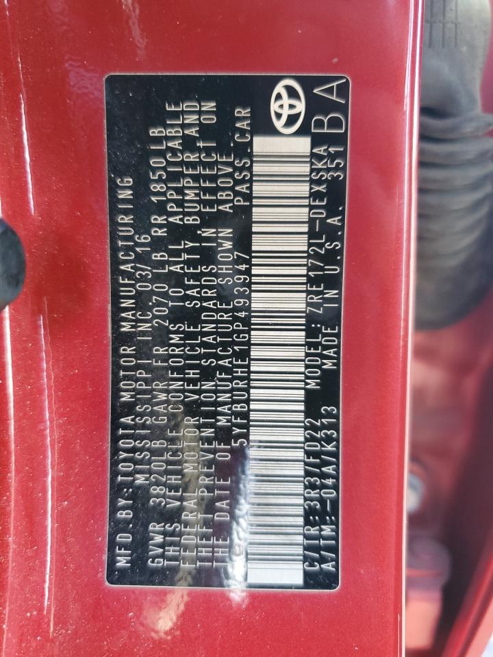 2016 Toyota Corolla L VIN: 5YFBURHE1GP493947 Lot: 80083984