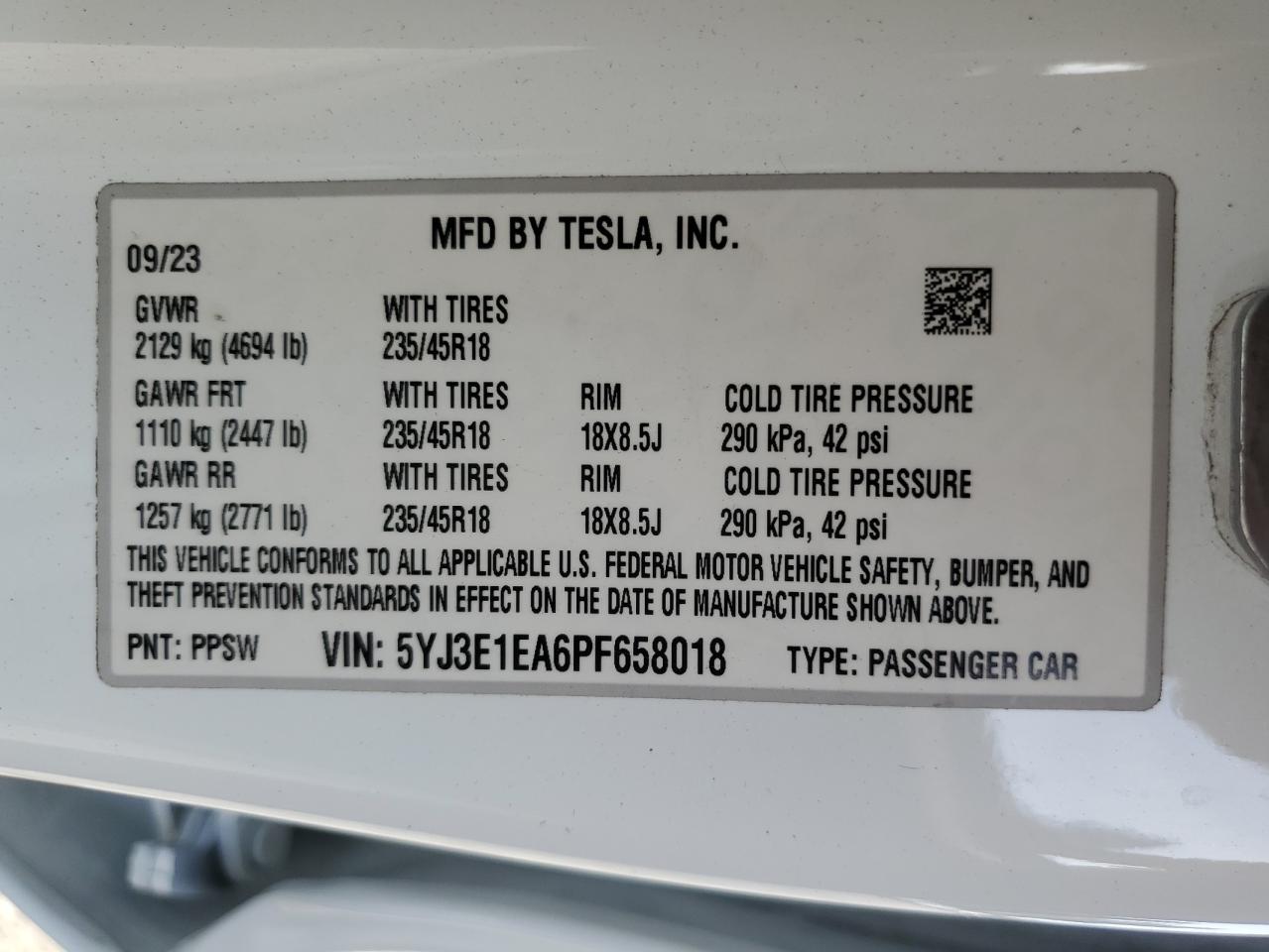 2023 Tesla Model 3 VIN: 5YJ3E1EA6PF658018 Lot: 79093414