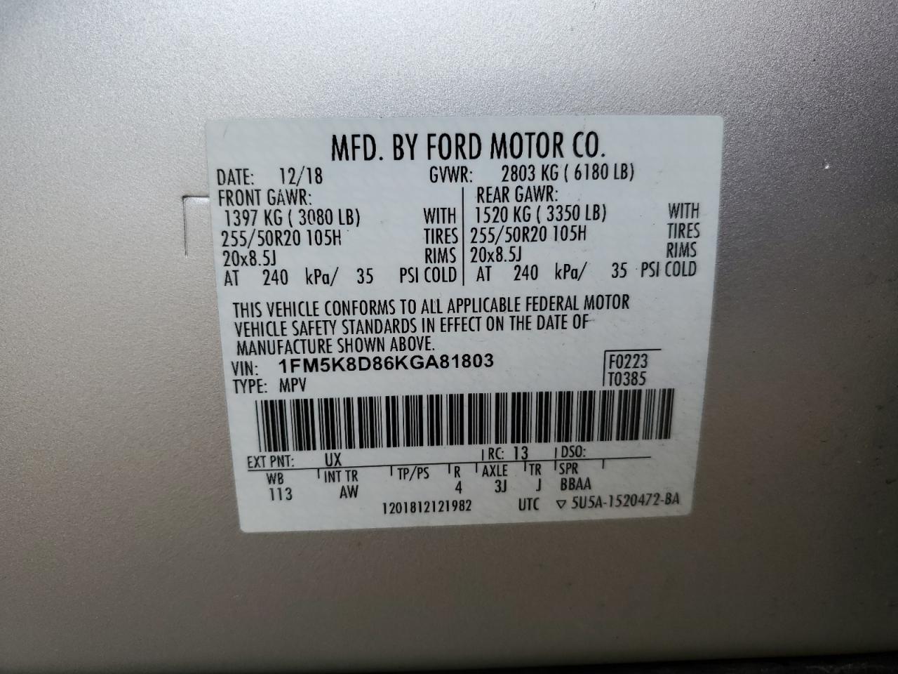 VIN 1FM5K8D86KGA81803 2019 FORD EXPLORER no.13