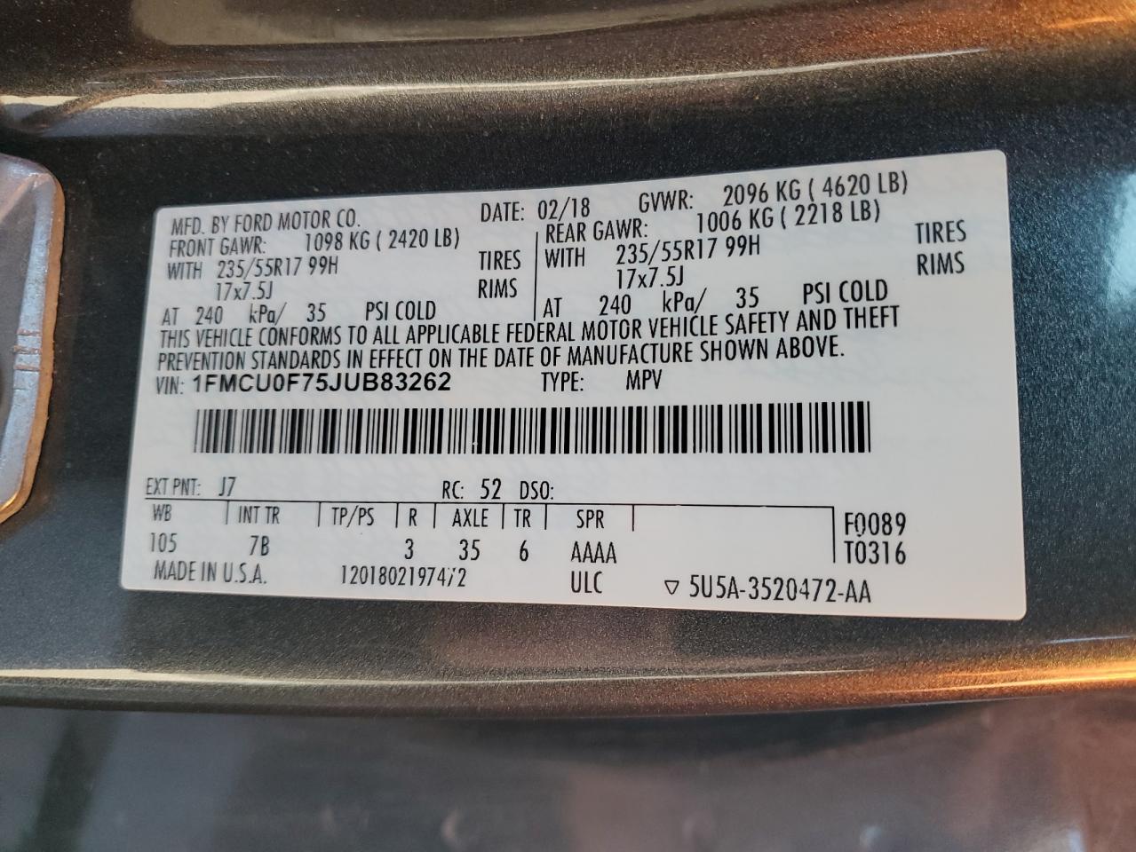 VIN 1FMCU0F75JUB83262 2018 FORD ESCAPE no.13