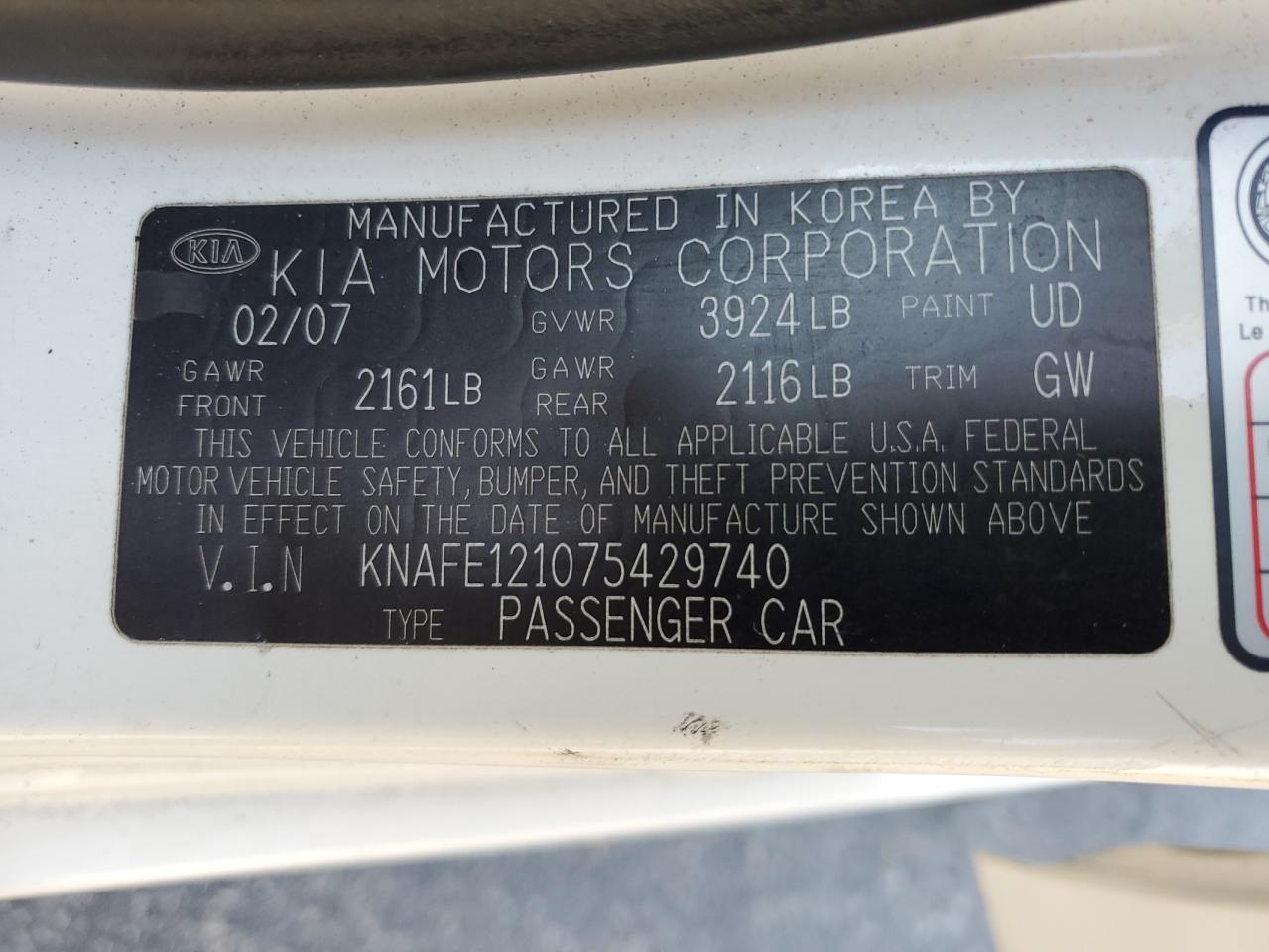 2007 Kia Spectra Ex VIN: KNAFE121075429740 Lot: 80716594