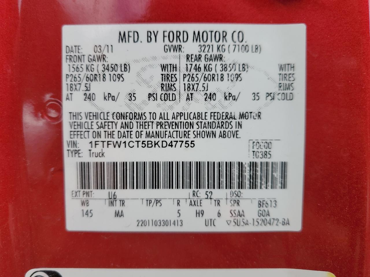 2011 Ford F150 Supercrew VIN: 1FTFW1CT5BKD47755 Lot: 79884004