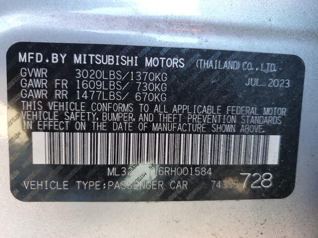 2024 Mitsubishi Mirage Es VIN: ML32AUHJ6RH001584 Lot: 79627374