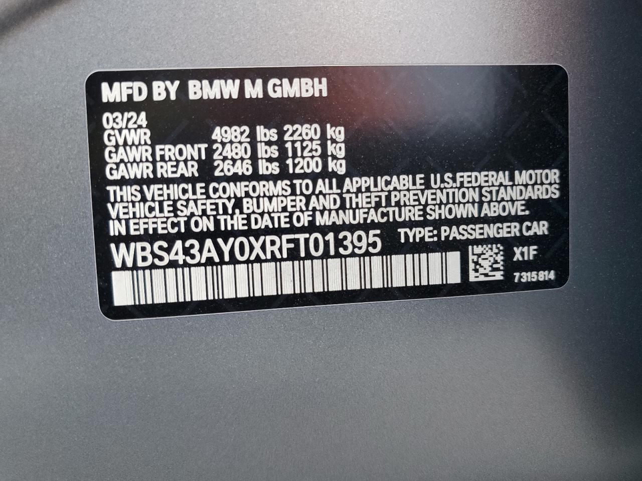 VIN WBS43AY0XRFT01395 2024 BMW M3 no.12