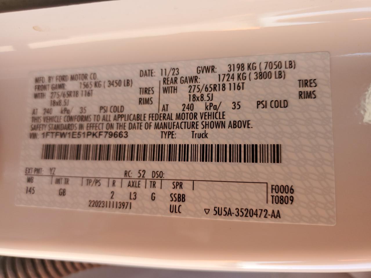 2023 Ford F150 Supercrew VIN: 1FTFW1E51PKF79663 Lot: 79508644