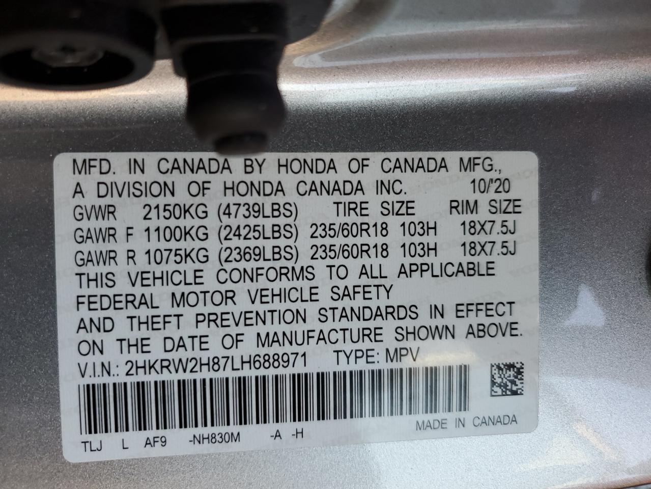 2020 Honda Cr-V Exl VIN: 2HKRW2H87LH688971 Lot: 79601464