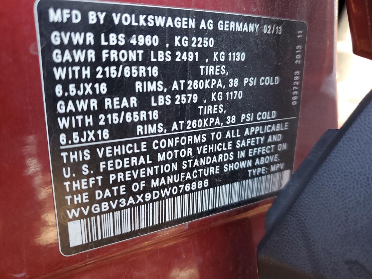 2013 Volkswagen Tiguan S VIN: WVGBV3AX9DW076886 Lot: 79909754