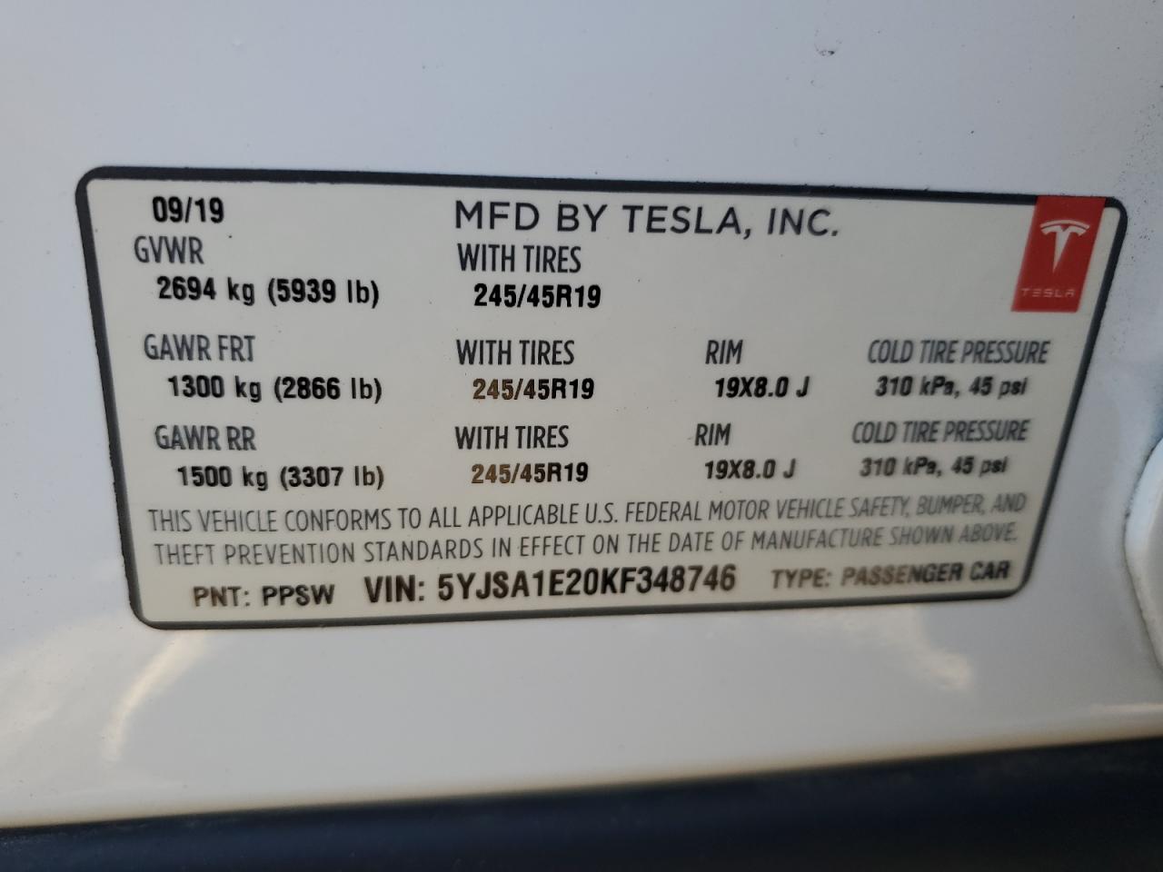 2019 Tesla Model S VIN: 5YJSA1E20KF348746 Lot: 80934594