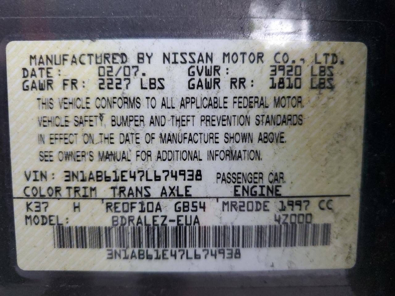 2007 Nissan Sentra 2.0 VIN: 3N1AB61E47L674938 Lot: 79298744