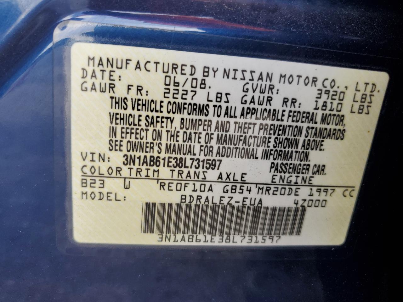 2008 Nissan Sentra 2.0 VIN: 3N1AB61E38L731597 Lot: 79564834