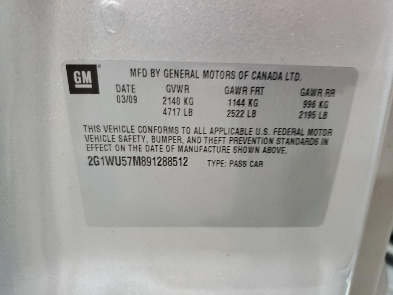 2009 Chevrolet Impala Ltz VIN: 2G1WU57M891288512 Lot: 86844834