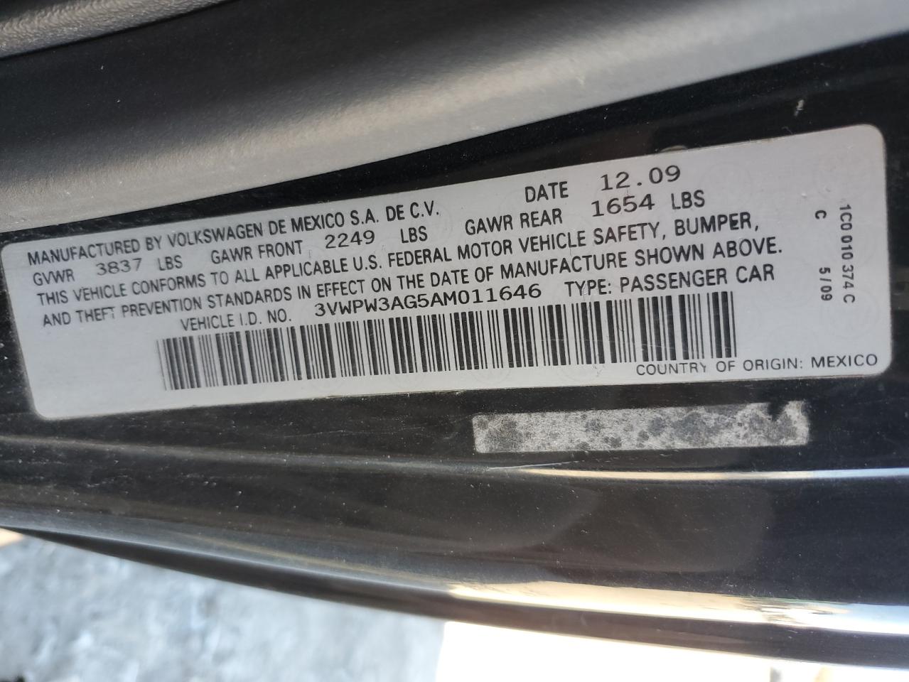 2010 Volkswagen New Beetle VIN: 3VWPW3AG5AM011646 Lot: 55208685
