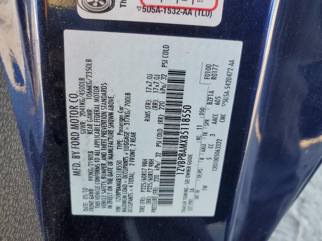 2011 Ford Mustang VIN: 1ZVBP8AMXB5118550 Lot: 81526824