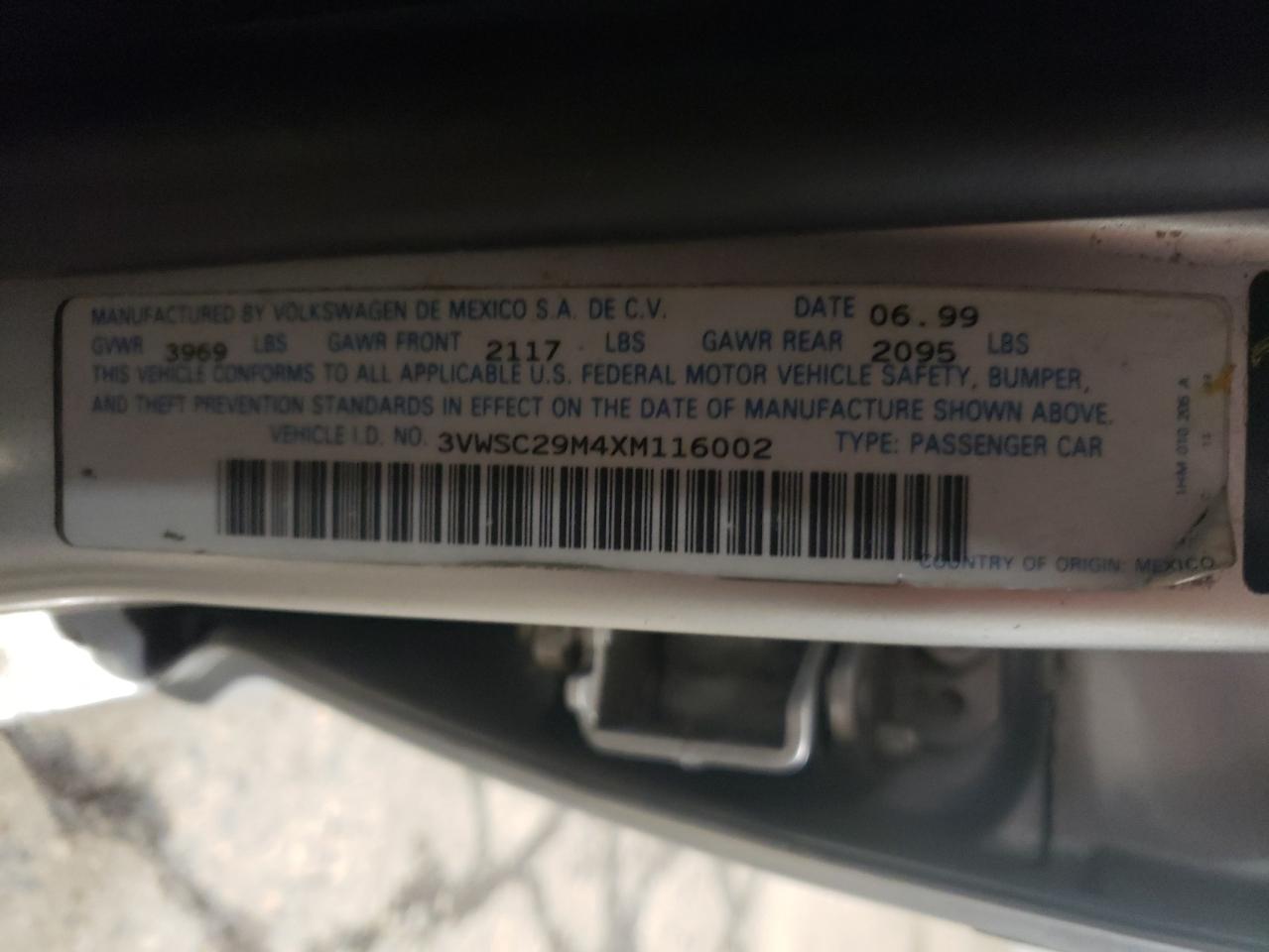 1999 Volkswagen Jetta Gls VIN: 3VWSC29M4XM116002 Lot: 82159824