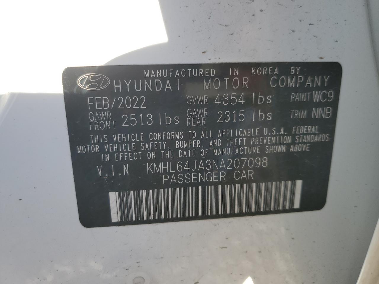 2022 Hyundai Sonata Sel VIN: KMHL64JA3NA207098 Lot: 79020084