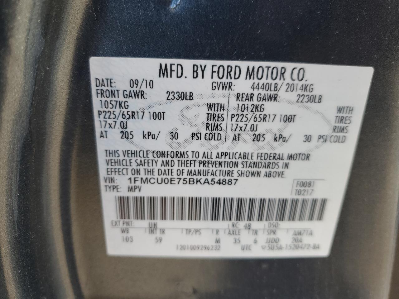 2011 Ford Escape Limited VIN: 1FMCU0E75BKA54887 Lot: 79754094