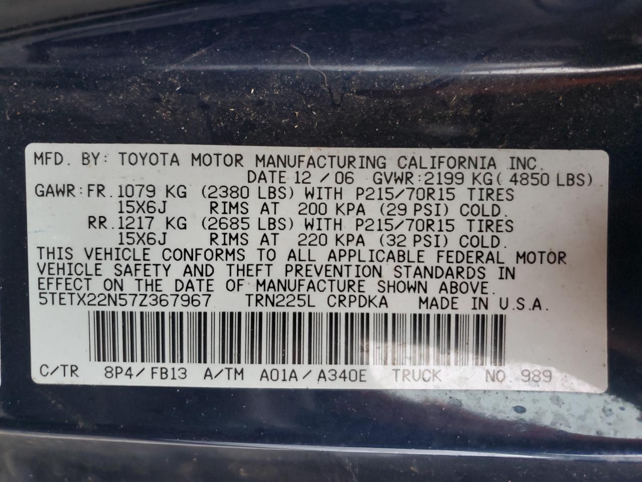 2007 Toyota Tacoma Access Cab VIN: 5TETX22N57Z367967 Lot: 78646524