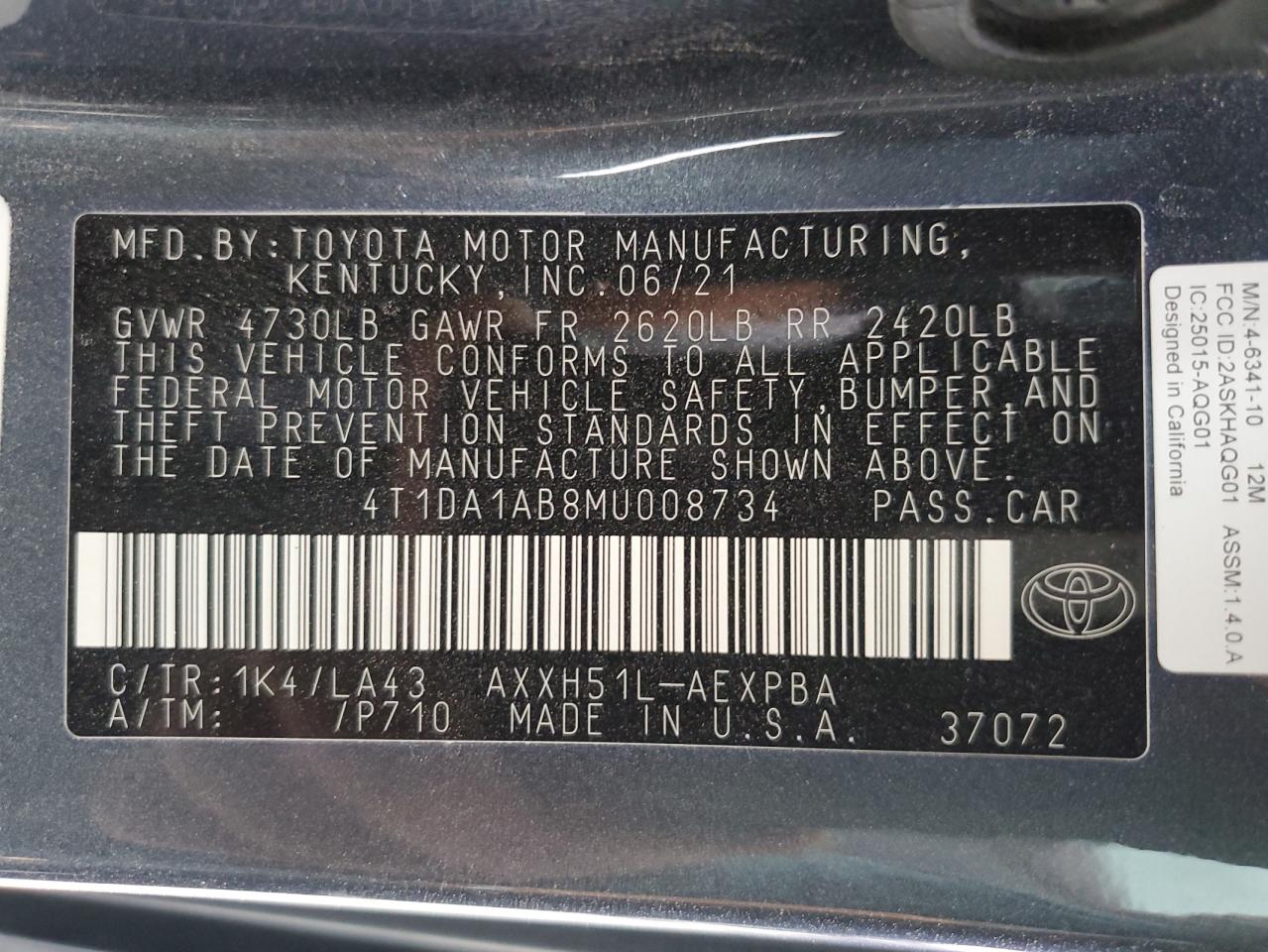 2021 Toyota Avalon Limited VIN: 4T1DA1AB8MU008734 Lot: 80460284