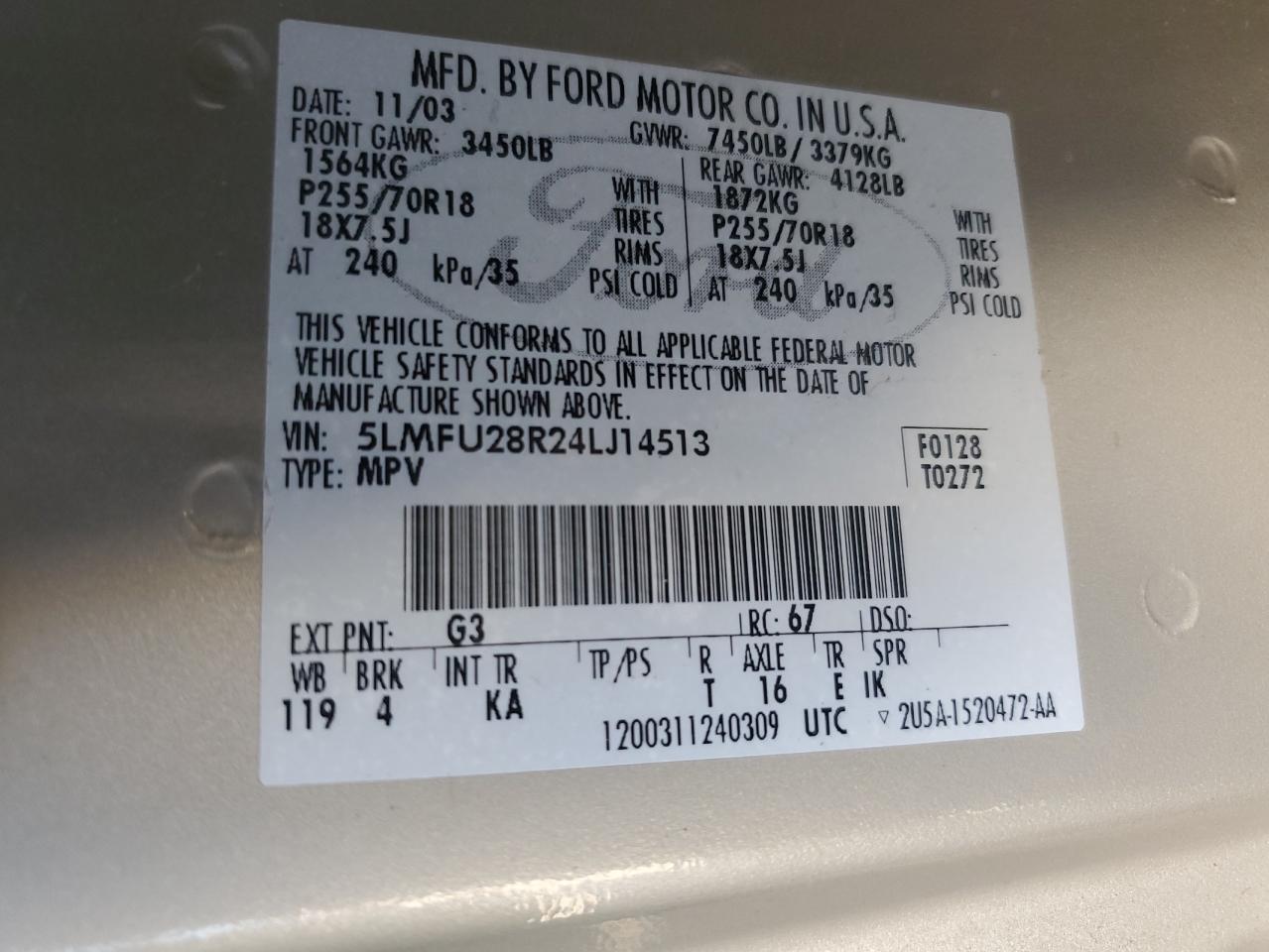 2004 Lincoln Navigator VIN: 5LMFU28R24LJ14513 Lot: 83658974