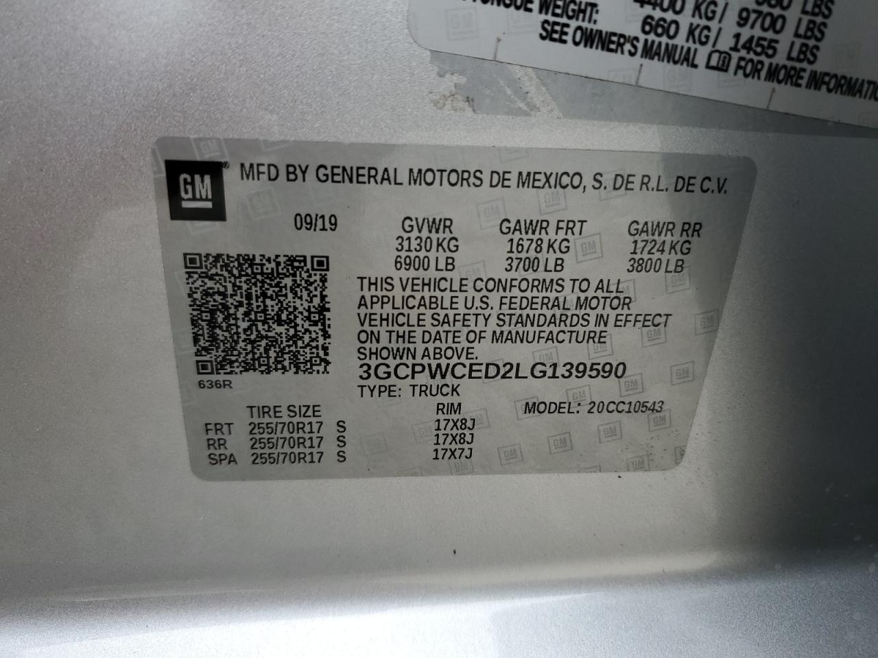 VIN 3GCPWCED2LG139590 2020 CHEVROLET ALL Models no.12