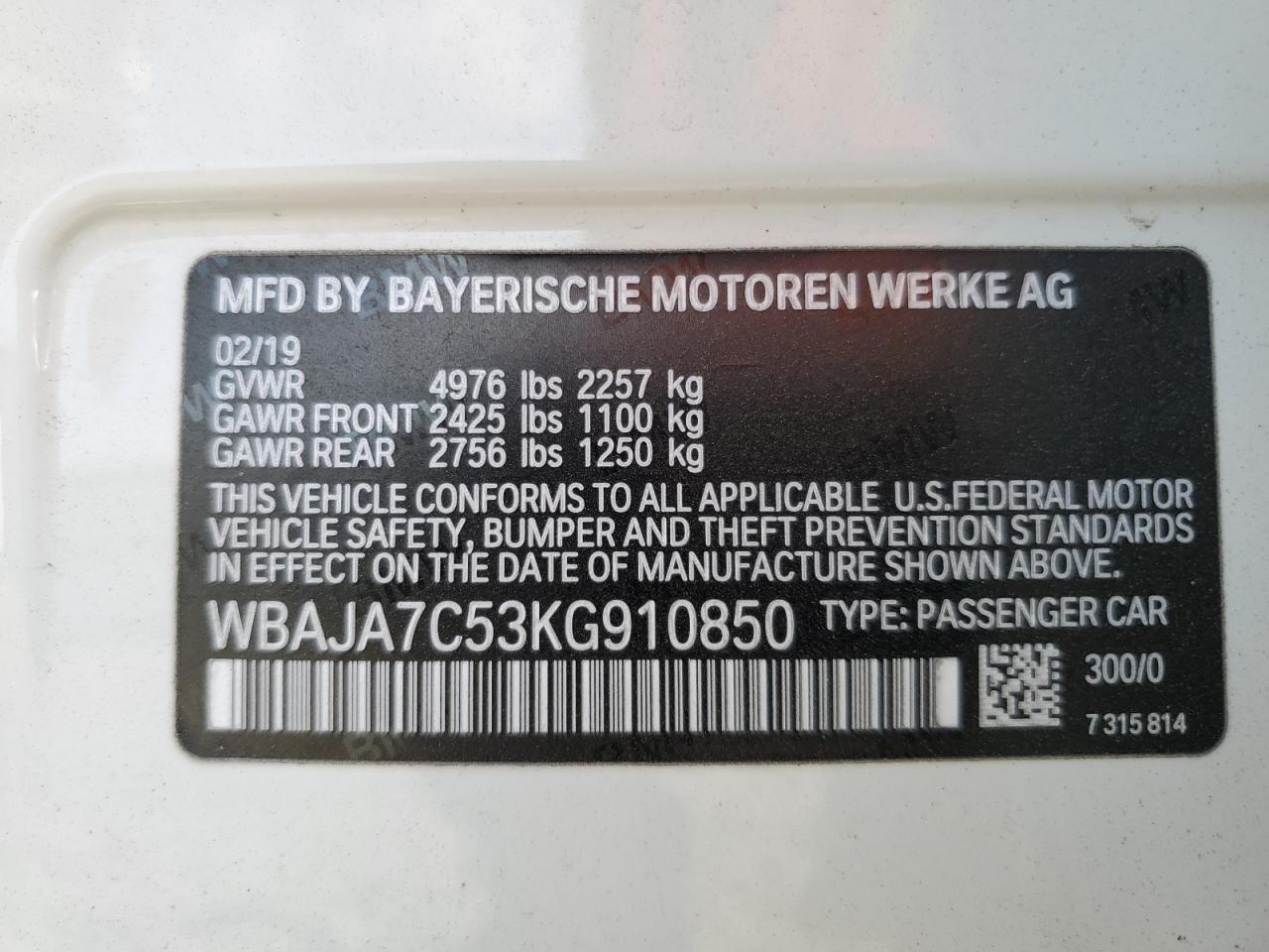 2019 BMW 530 Xi VIN: WBAJA7C53KG910850 Lot: 78582074