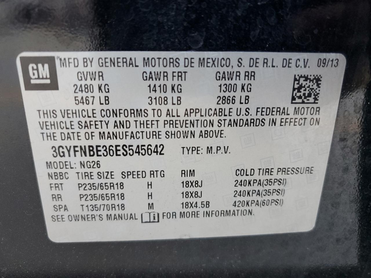 VIN 3GYFNBE36ES545642 2014 CADILLAC SRX no.13