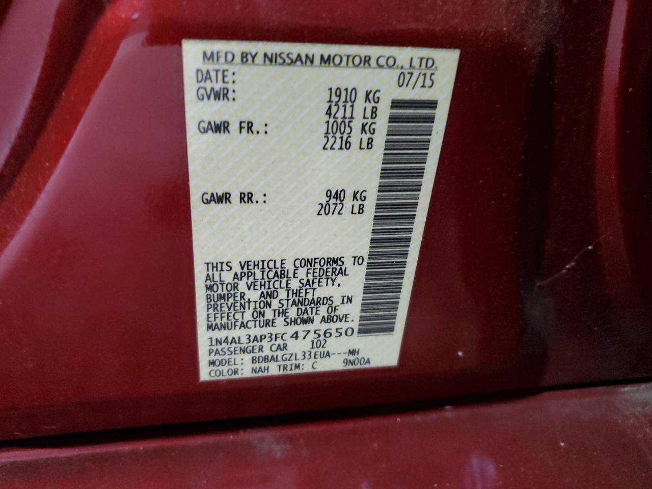 2015 Nissan Altima 2.5 VIN: 1N4AL3AP3FC475650 Lot: 80712964