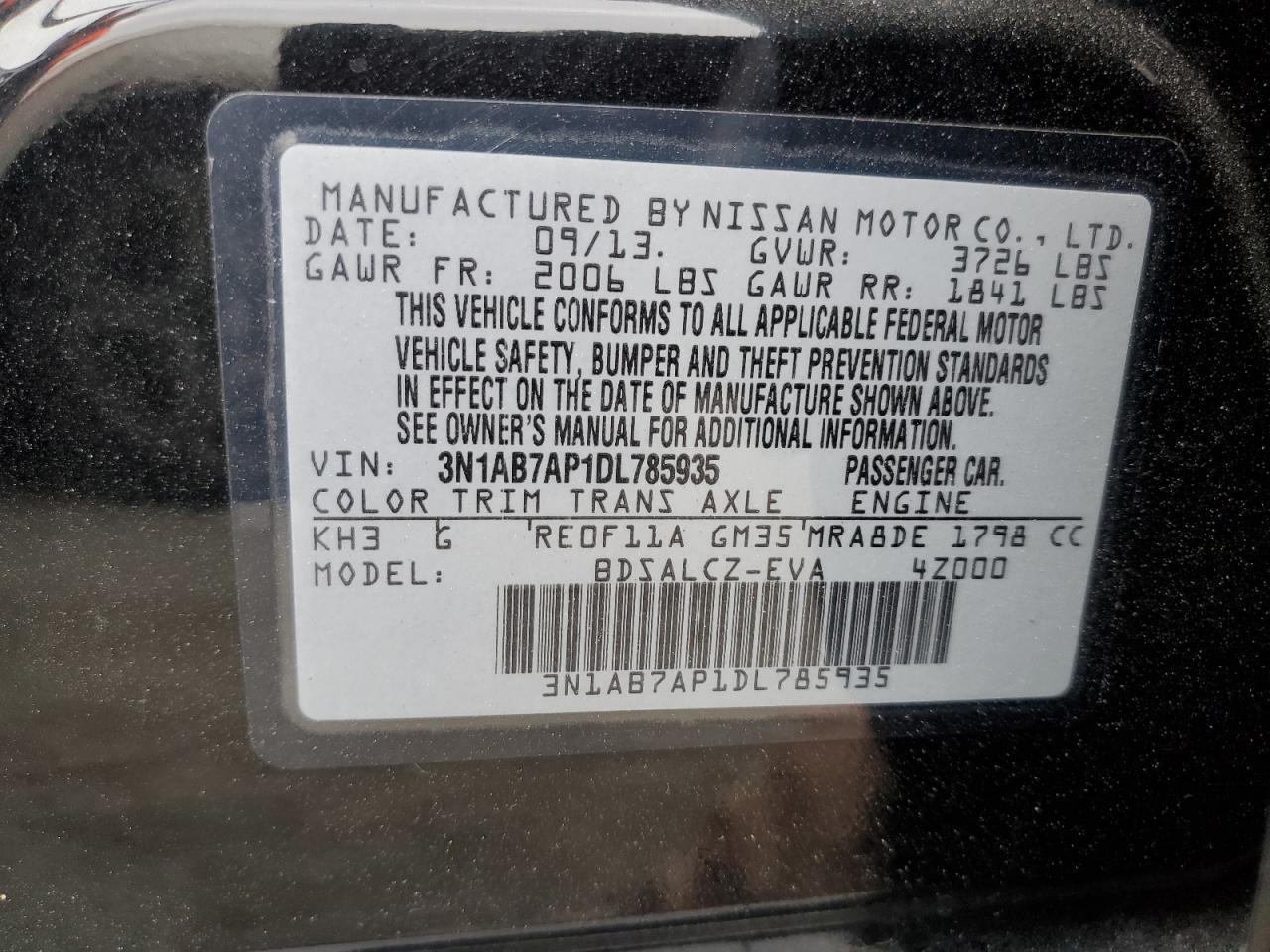 2013 Nissan Sentra S VIN: 3N1AB7AP1DL785935 Lot: 77234524