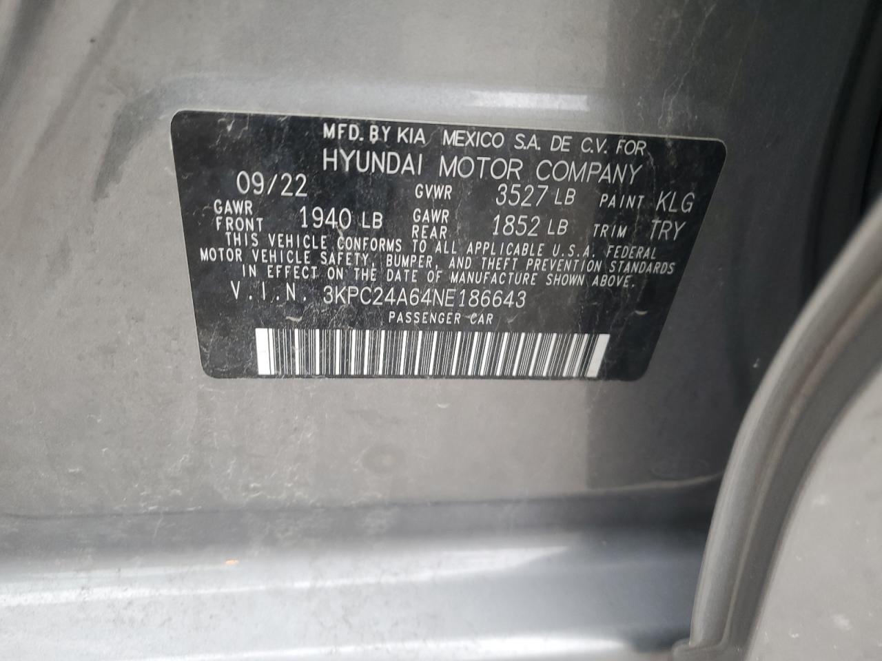 2022 Hyundai Accent Se VIN: 3KPC24A64NE186643 Lot: 82045124