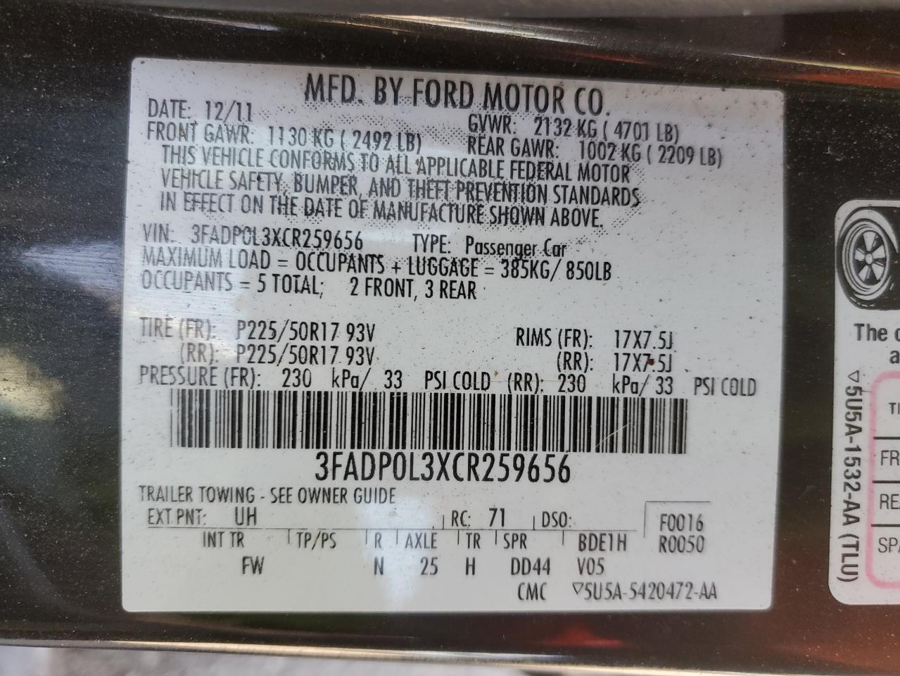 2012 Ford Fusion Hybrid VIN: 3FADP0L3XCR259656 Lot: 80164094