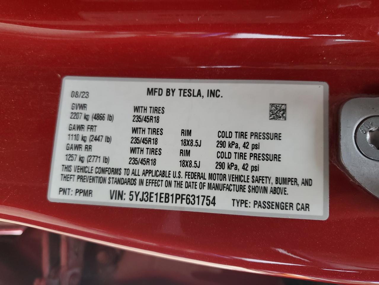 VIN 5YJ3E1EB1PF631754 2023 TESLA MODEL 3 no.13