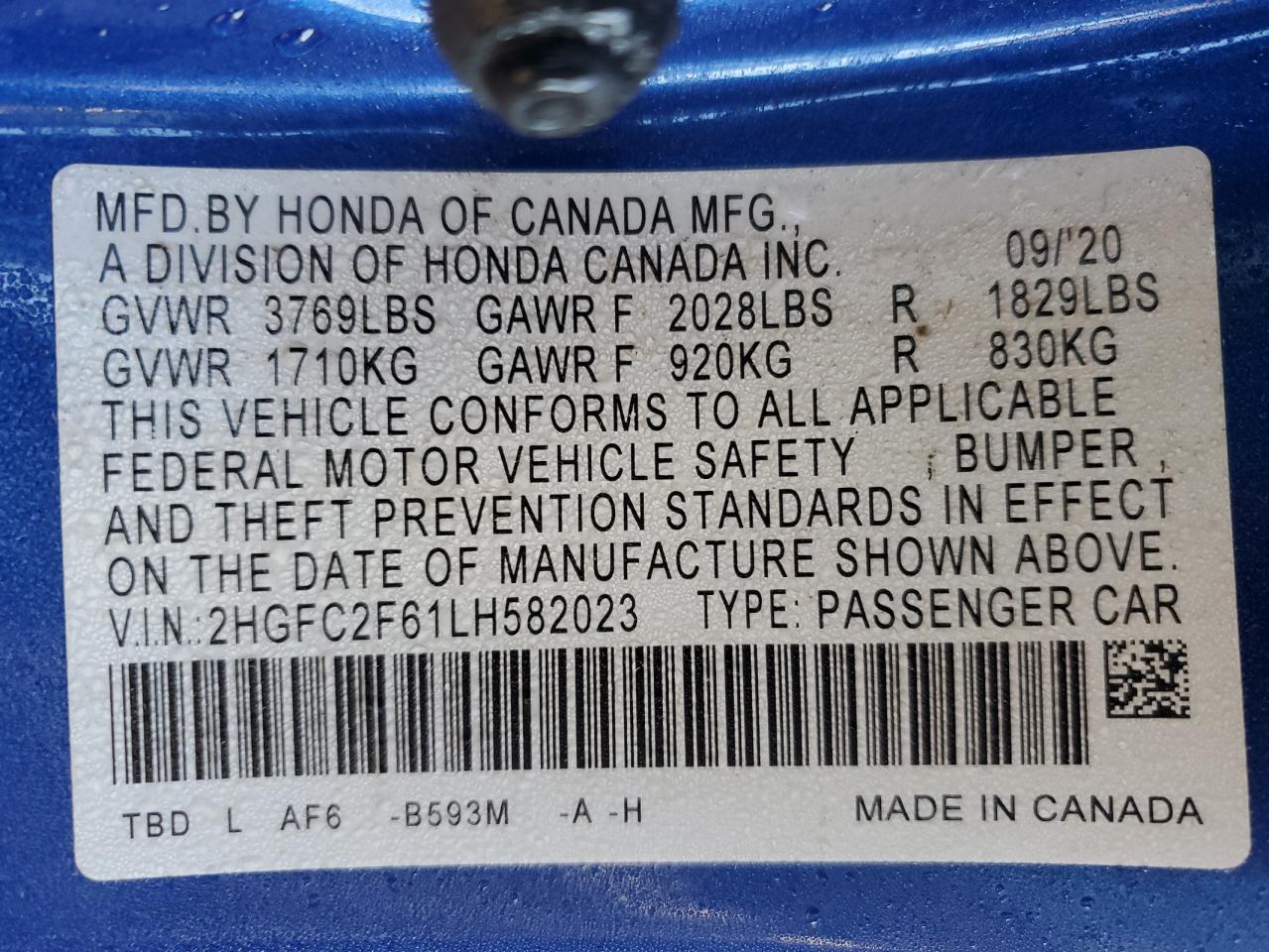 2020 Honda Civic Lx VIN: 2HGFC2F61LH582023 Lot: 80093234