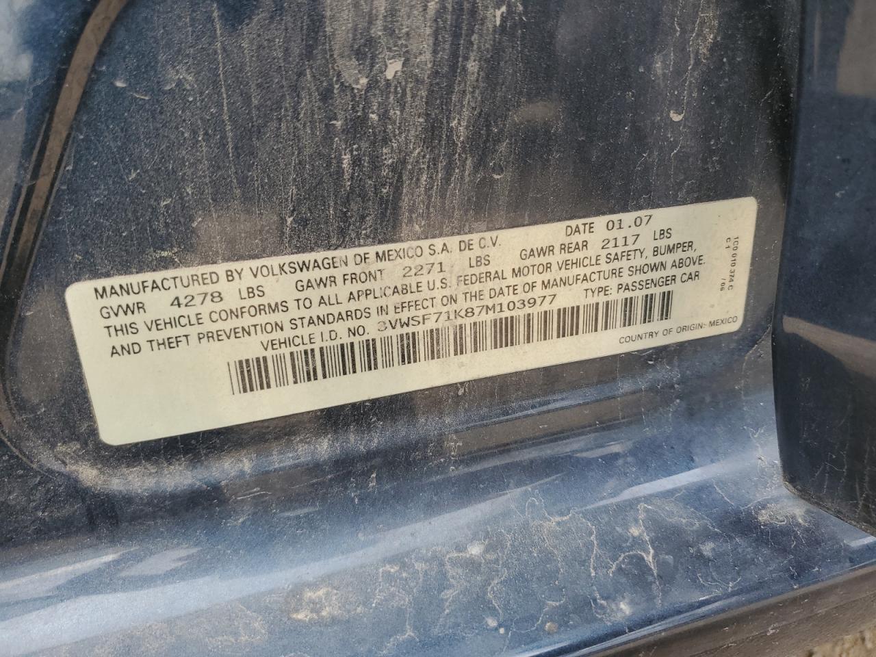 2007 Volkswagen Jetta 2.5 Option Package 1 VIN: 3VWSF71K87M103977 Lot: 81782094