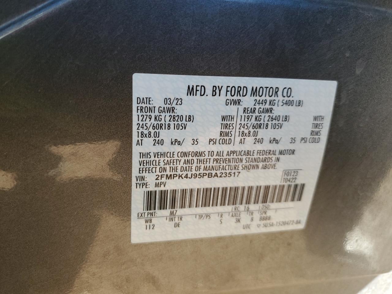 2023 Ford Edge Sel VIN: 2FMPK4J95PBA23517 Lot: 79040834