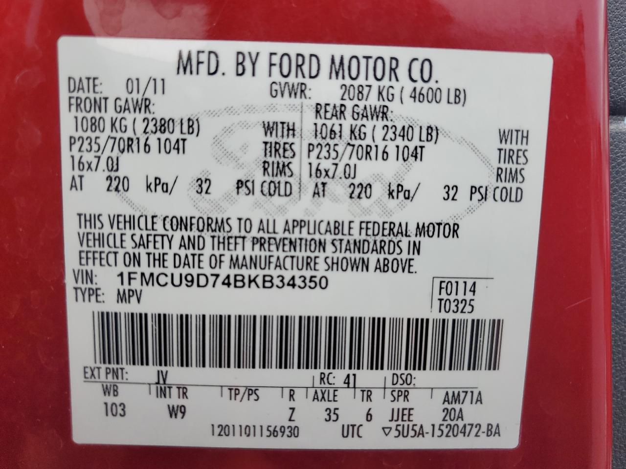 2011 Ford Escape Xlt VIN: 1FMCU9D74BKB34350 Lot: 81670644