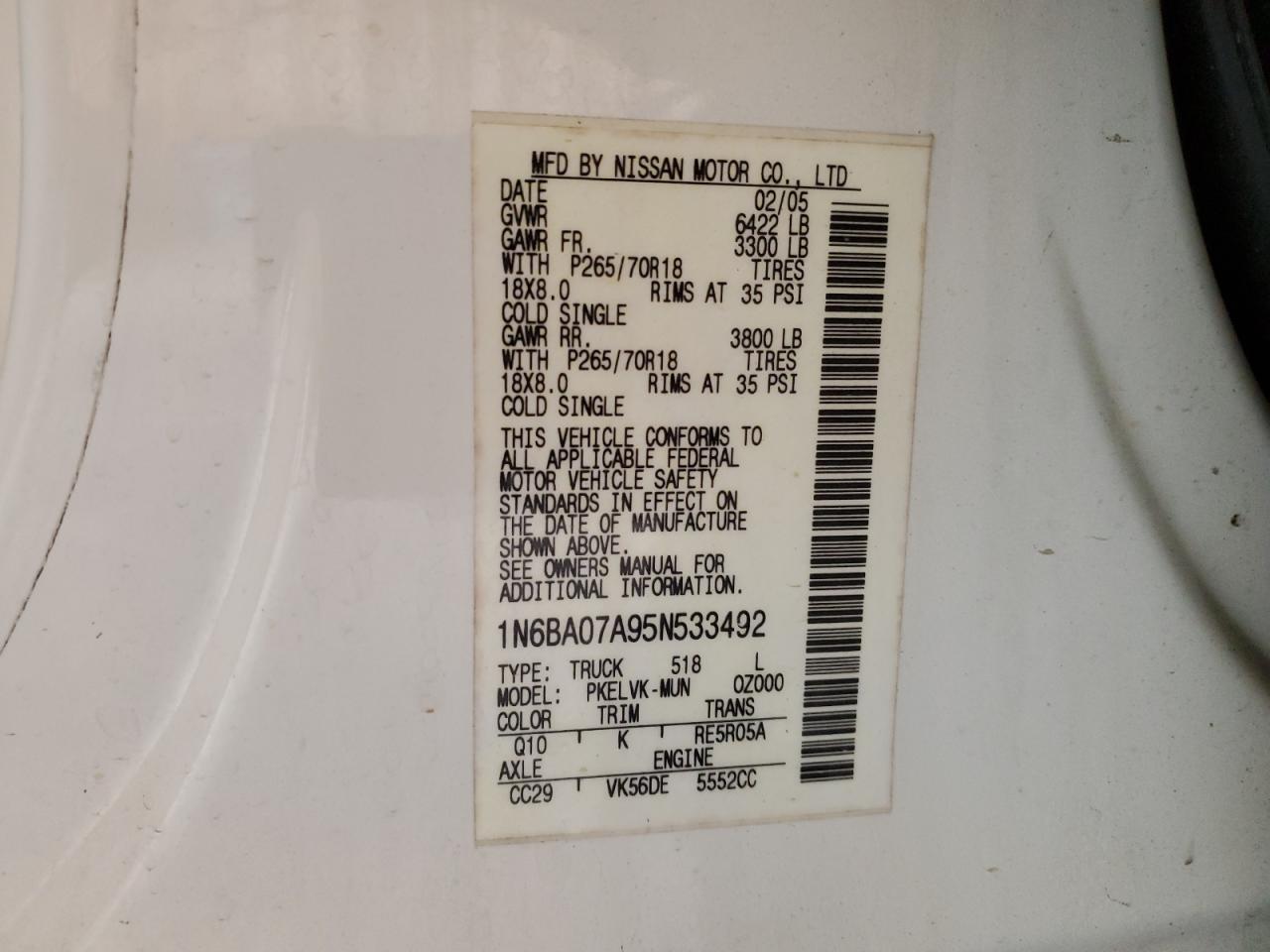 2005 Nissan Titan Xe VIN: 1N6BA07A95N533492 Lot: 82279384