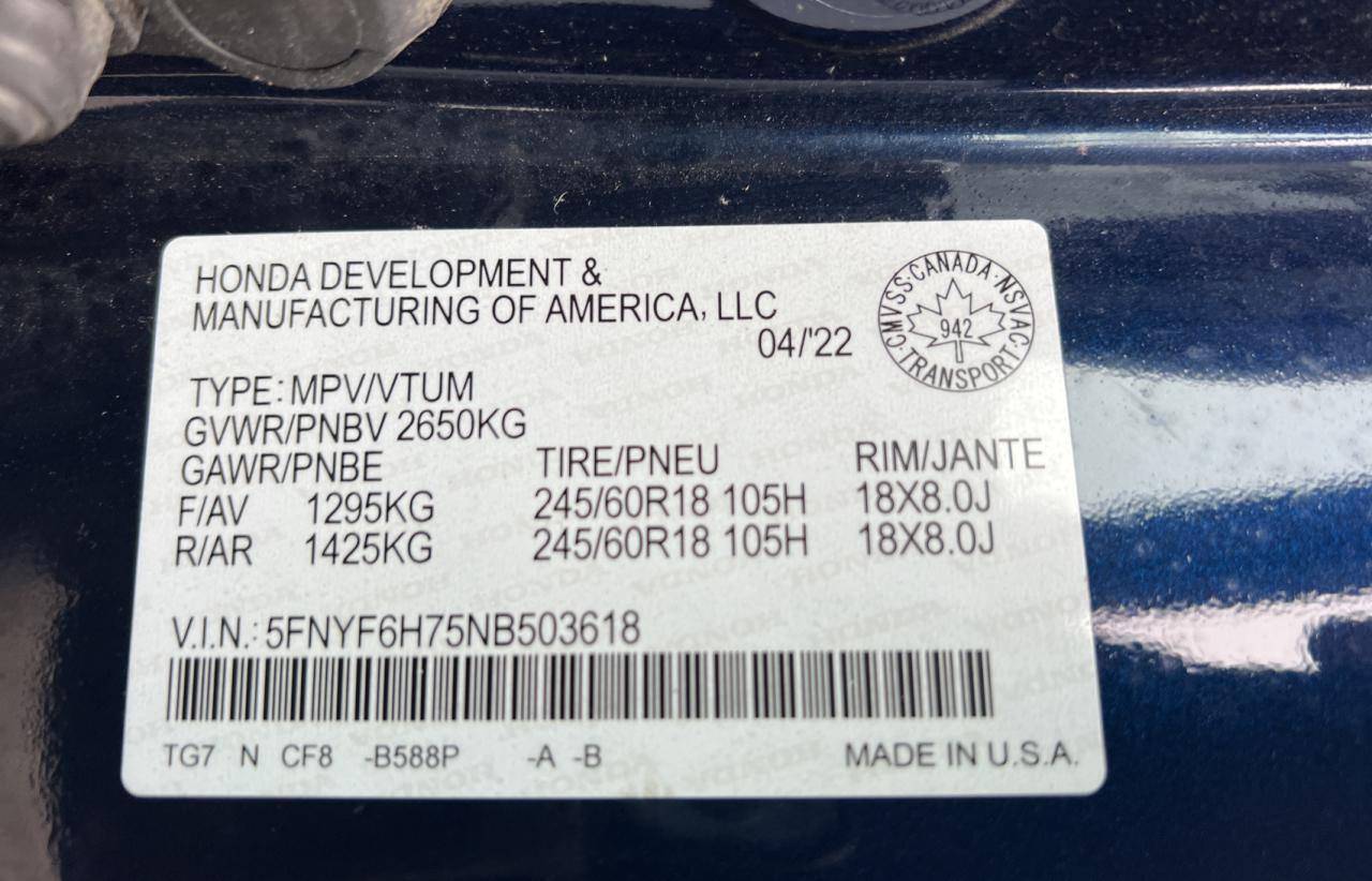 2022 Honda Pilot Black VIN: 5FNYF6H75NB503618 Lot: 81909184