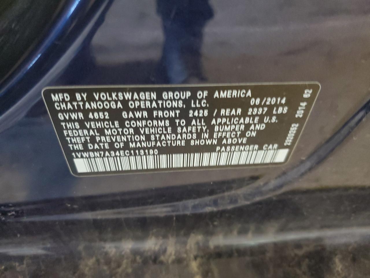 VIN 1VWBN7A34EC113190 2014 VOLKSWAGEN PASSAT no.12