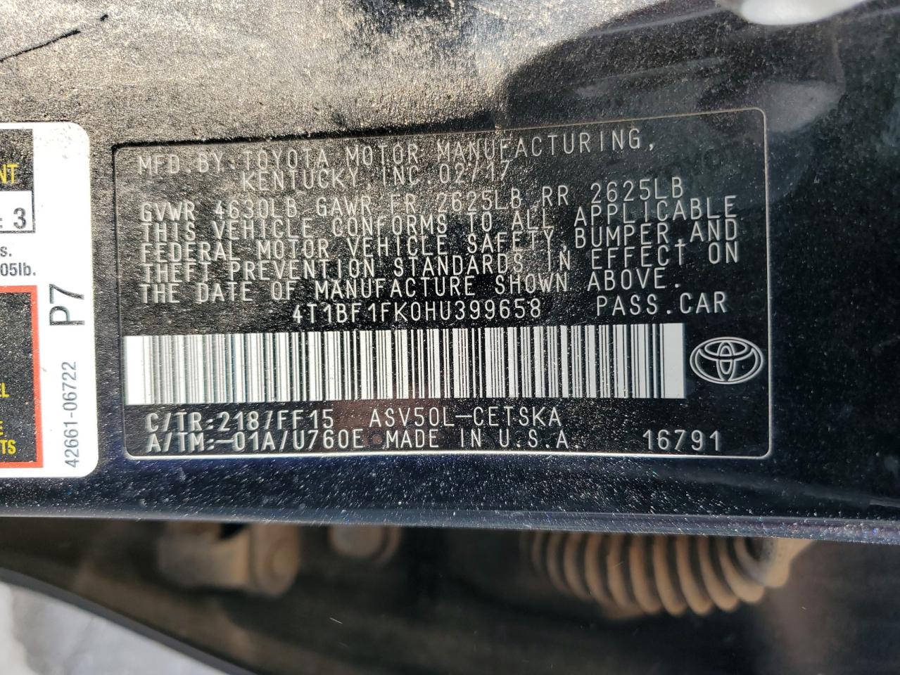 VIN 4T1BF1FK0HU399658 2017 TOYOTA CAMRY no.12