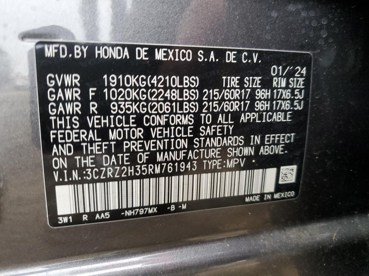 VIN 3CZRZ2H35RM761943 2024 HONDA HR-V no.13