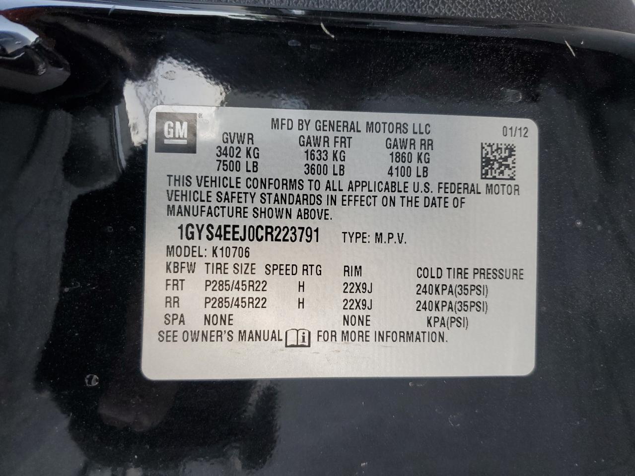 2012 Cadillac Escalade Hybrid VIN: 1GYS4EEJ0CR223791 Lot: 79959534