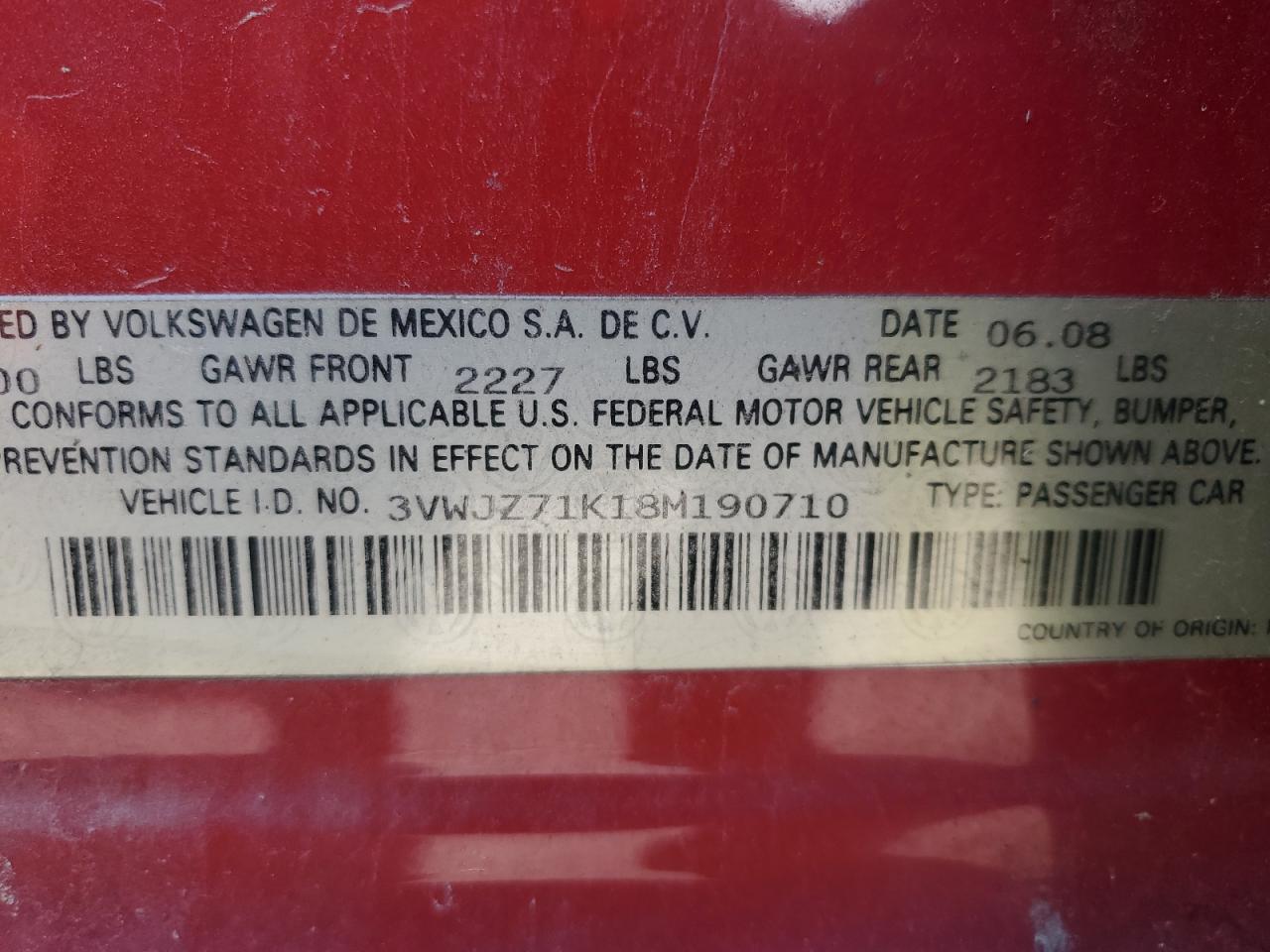 2008 Volkswagen Jetta S VIN: 3VWJZ71K18M190710 Lot: 78896634
