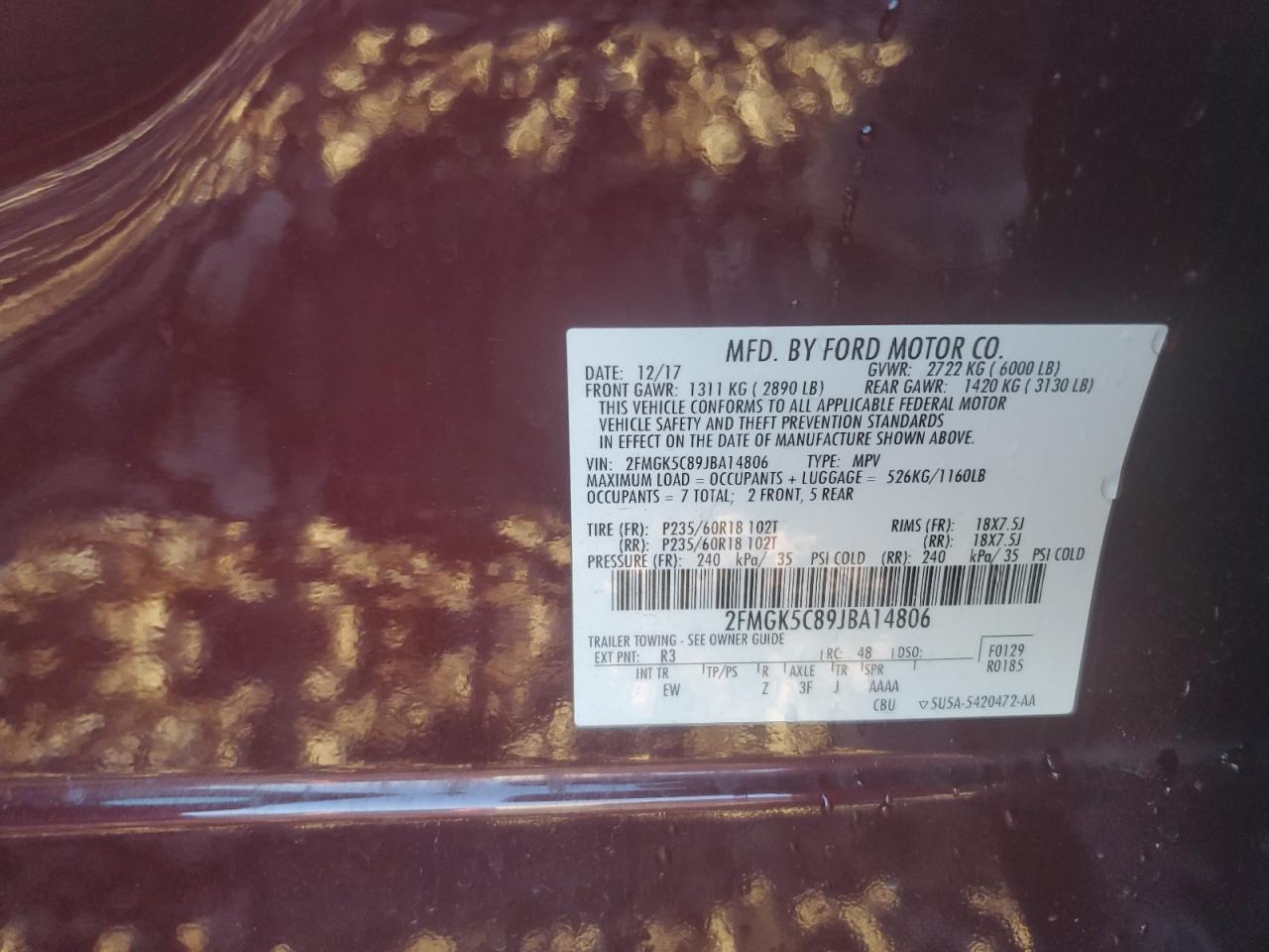 2018 Ford Flex Sel VIN: 2FMGK5C89JBA14806 Lot: 79208474