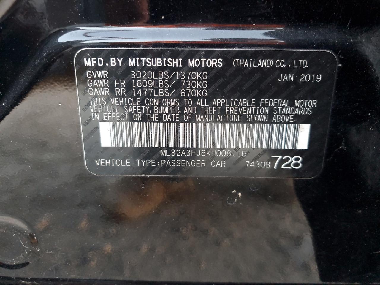 2019 Mitsubishi Mirage Es VIN: ML32A3HJ8KH008116 Lot: 80663594