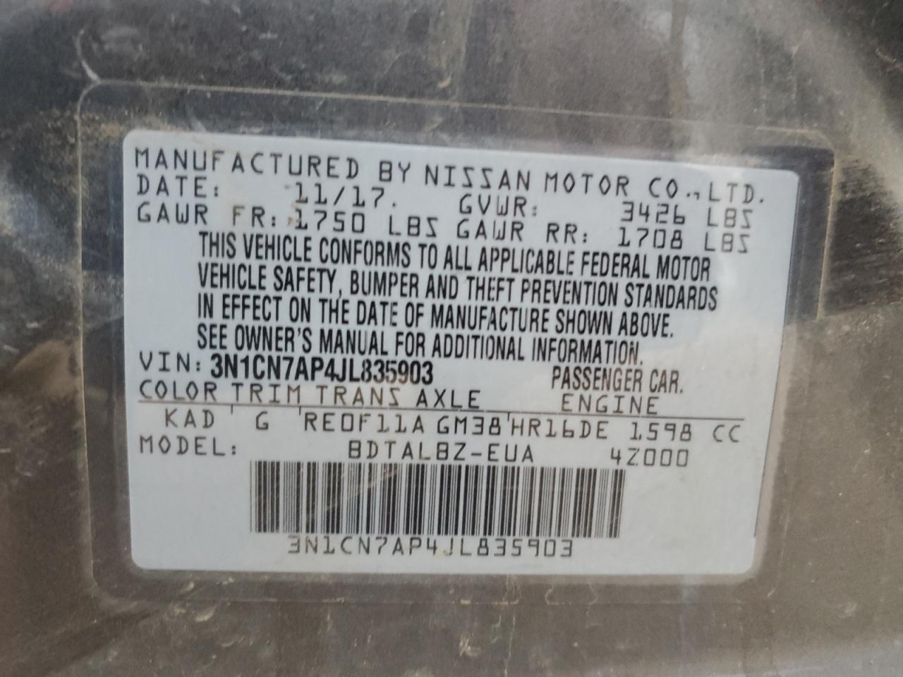 2018 Nissan Versa S VIN: 3N1CN7AP4JL835903 Lot: 77862544