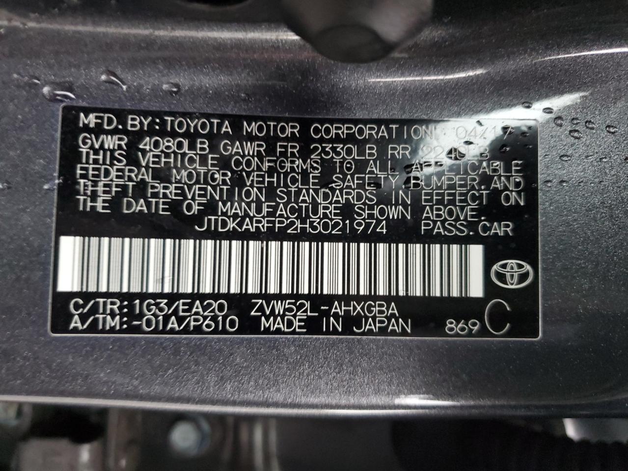 2017 Toyota Prius Prime VIN: JTDKARFP2H3021974 Lot: 78776364