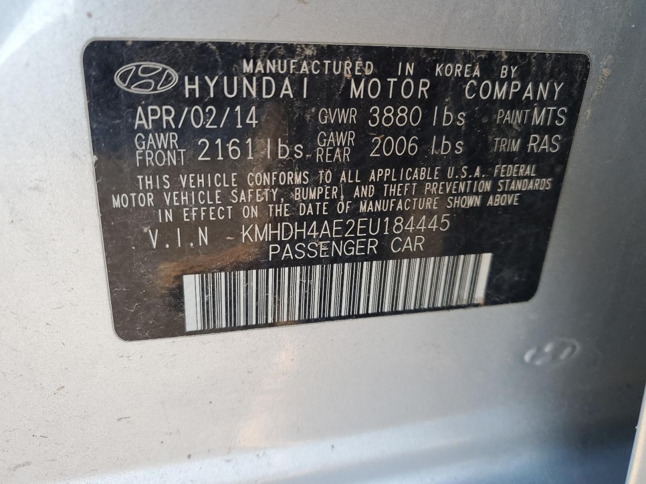 VIN KMHDH4AE2EU184445 2014 HYUNDAI ELANTRA no.12